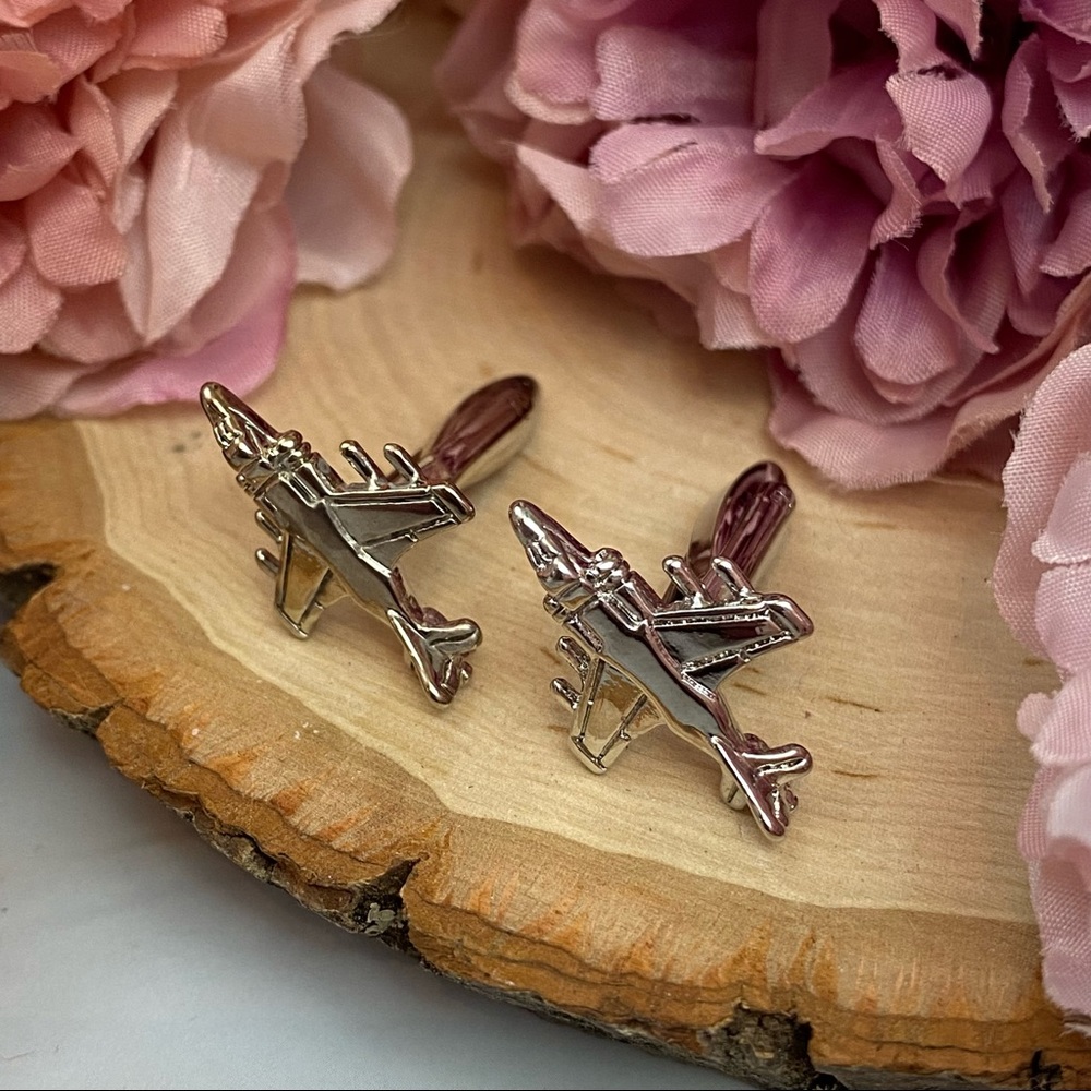 Silver Military Fighter Jet Airplane Cufflinks - Picture 5 of 15